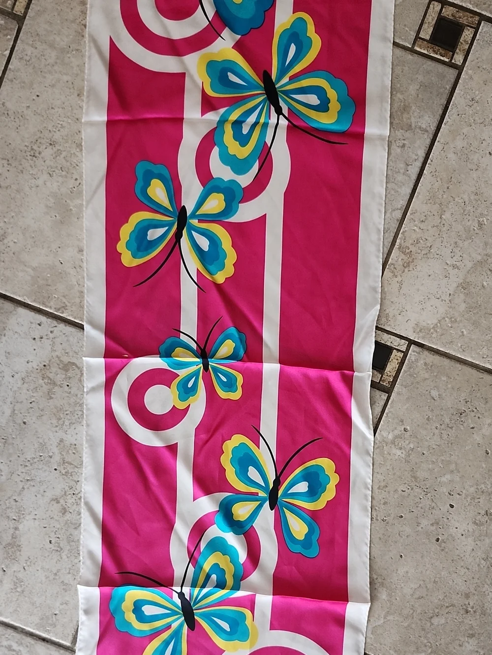 Adrienne Landau Pink Butterfly with Teal and Yellow Accents Silk Scarf